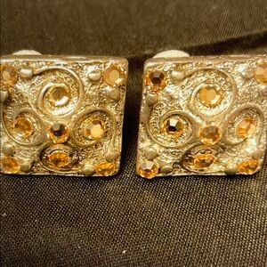 Vintage Style Square Earrings with Amber Accents
